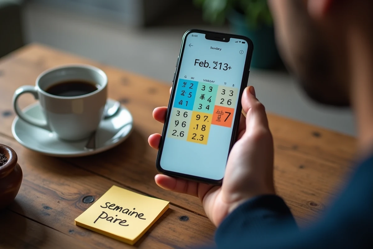Gros plan d'un smartphone affichant un calendrier numérique 2026 avec les semaines paires et impaires colorées pour un planning d'astreinte