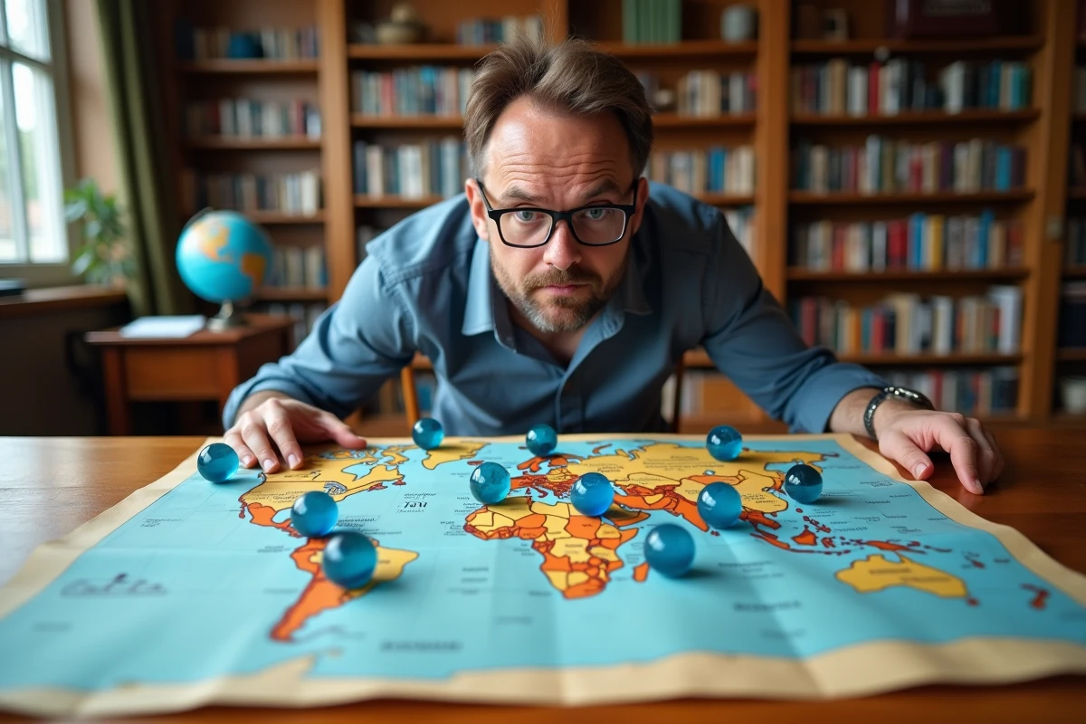 Chercheur étudiant une carte mondiale représentant la répartition géographique des yeux bleus selon les régions climatiques