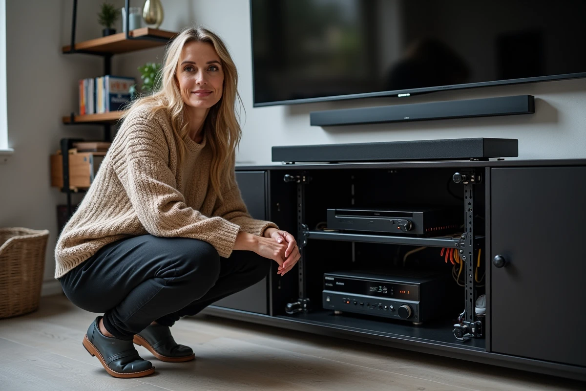 Femme configurant un rack AV home cinéma avec câblage organisé et appareils multimédia dans une salle dédiée