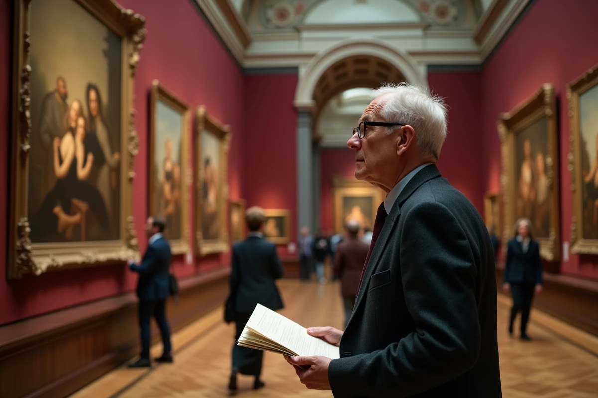 Conservateur de musée examinant une peinture réaliste du XIXe siècle dans une salle d'exposition classique aux murs bordeaux