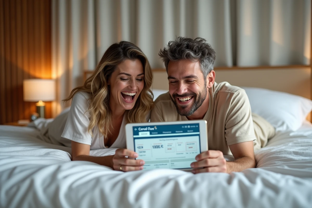 Couple comparant les offres et bons plans Canal Plus sur une tablette dans leur chambre