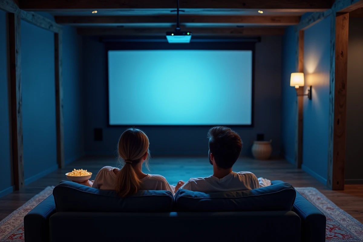 Couple regardant un projecteur home cinéma dans une salle de projection aménagée au sous-sol avec écran motorisé