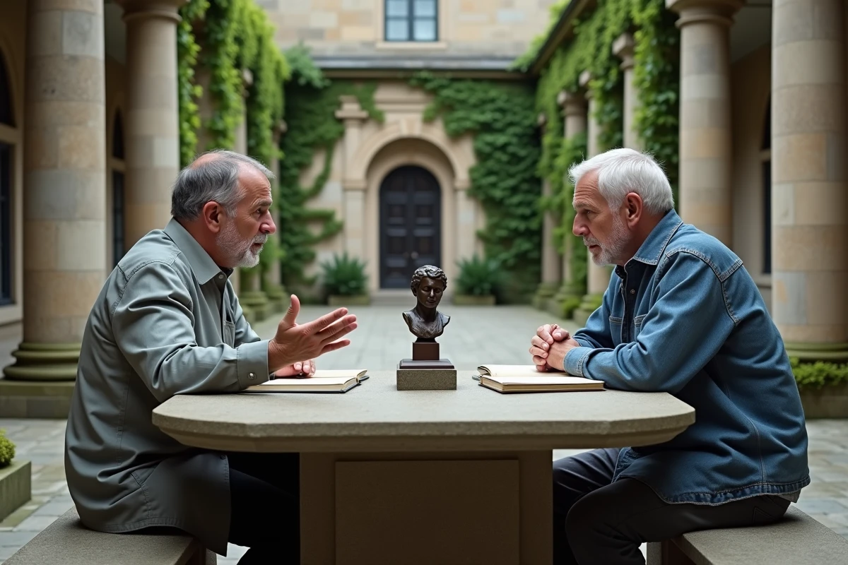 Deux philosophes en discussion autour d'une sculpture antique dans une cour universitaire à colonnes classiques