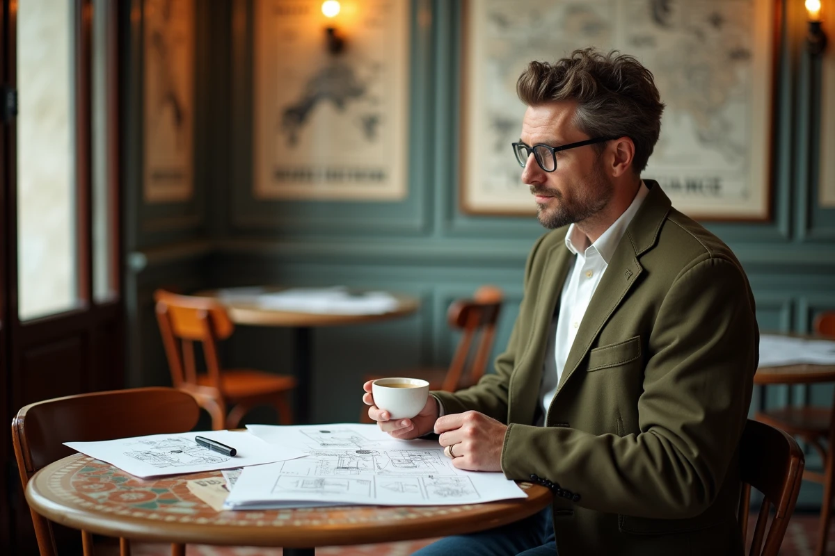 Entrepreneur pensif dans un bistrot parisien, planifiant ses projets et idées créatives pour l'année 2026
