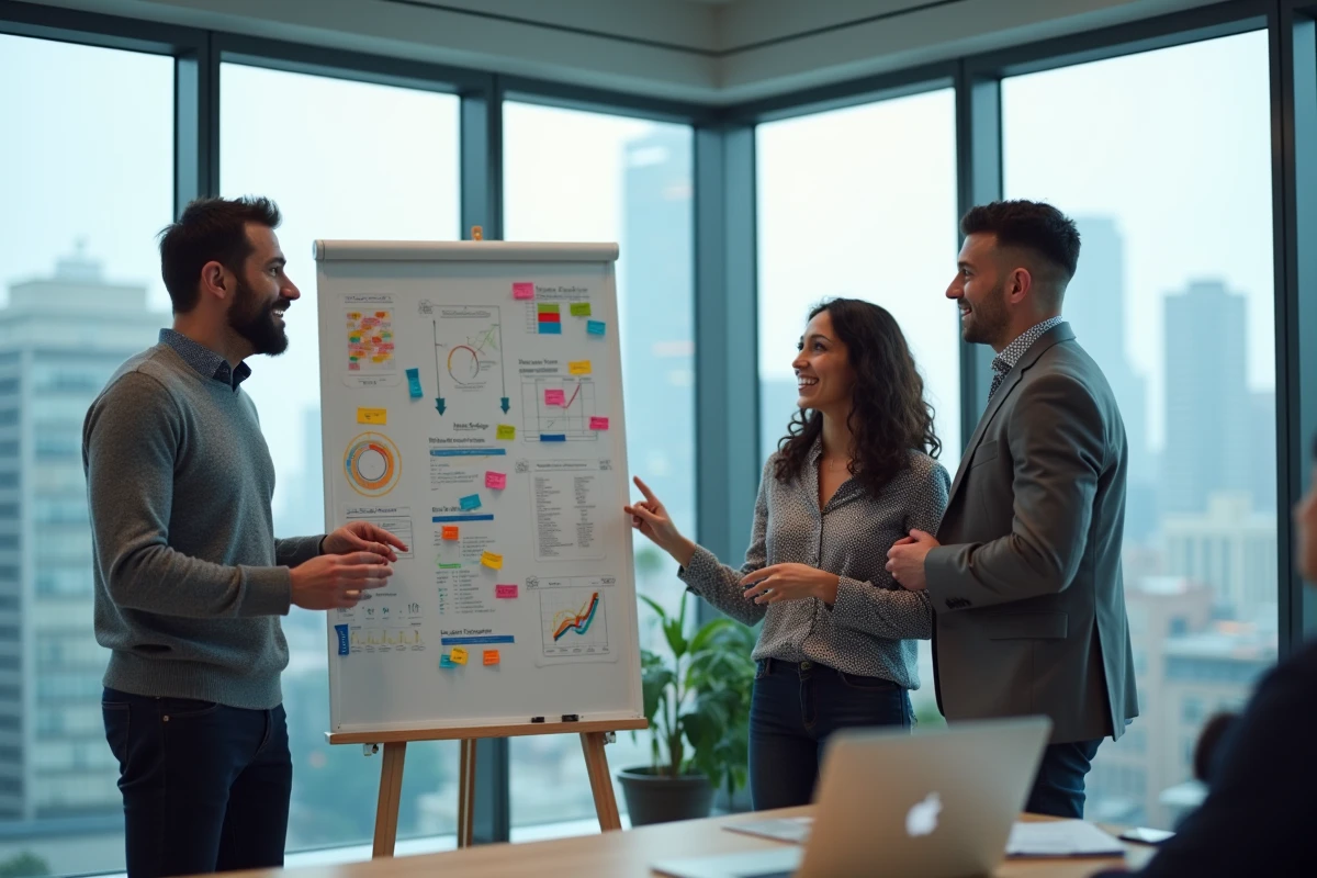 Équipe de professionnels collaborant autour d'un tableau blanc avec des idées et des projets innovants pour 2026