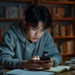 Jeune homme découvrant des leaks de manga One Piece sur son smartphone avec une expression ambivalente, entouré de volumes de manga dans sa chambre