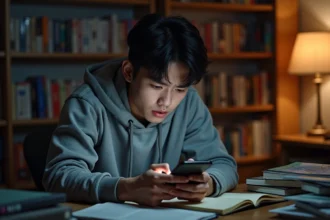Jeune homme découvrant des leaks de manga One Piece sur son smartphone avec une expression ambivalente, entouré de volumes de manga dans sa chambre