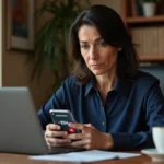 Femme inquiète regardant un appel entrant suspect avec l'indicatif +234 sur son smartphone dans un bureau à domicile