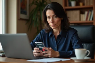 Femme inquiète regardant un appel entrant suspect avec l'indicatif +234 sur son smartphone dans un bureau à domicile