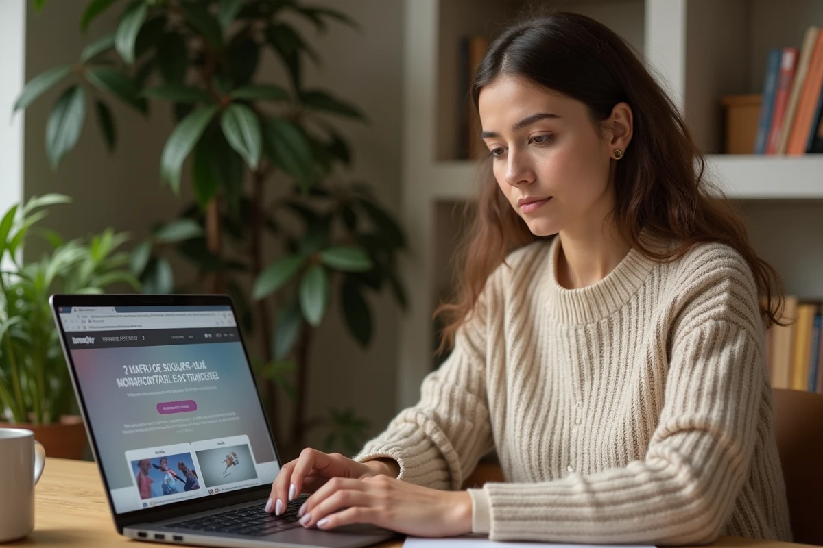 Femme recherchant des codes promotionnels Canal Plus sur son ordinateur portable à son bureau
