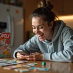 Jeune femme jouant à Monopoly Go sur smartphone avec des dés et des cartes de jeu sur une table en bois