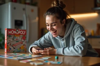 Jeune femme jouant à Monopoly Go sur smartphone avec des dés et des cartes de jeu sur une table en bois