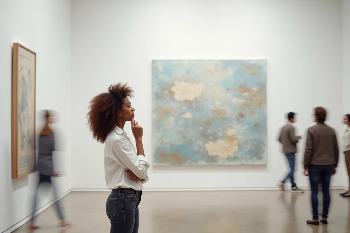 Jeune femme contemplant une peinture abstraite dans un musée d'art contemporain, référence à l'esthétique philosophique