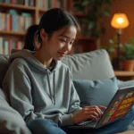 Jeune femme parcourant un catalogue de manga en VF sur un ordinateur portable dans un salon confortable