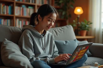 Jeune femme parcourant un catalogue de manga en VF sur un ordinateur portable dans un salon confortable