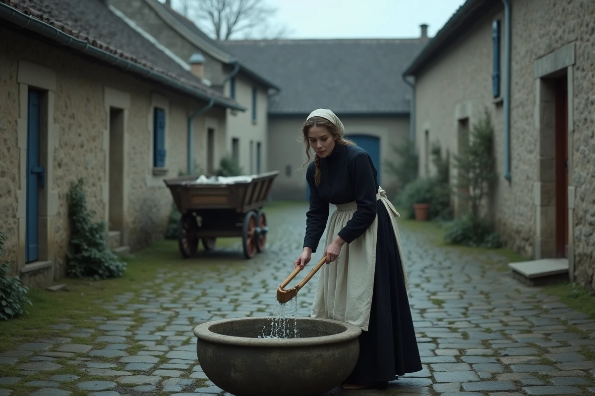 Femme en vêtements d'époque du XIXe siècle lavant du linge dans une cour de ferme rustique, illustration du réalisme social
