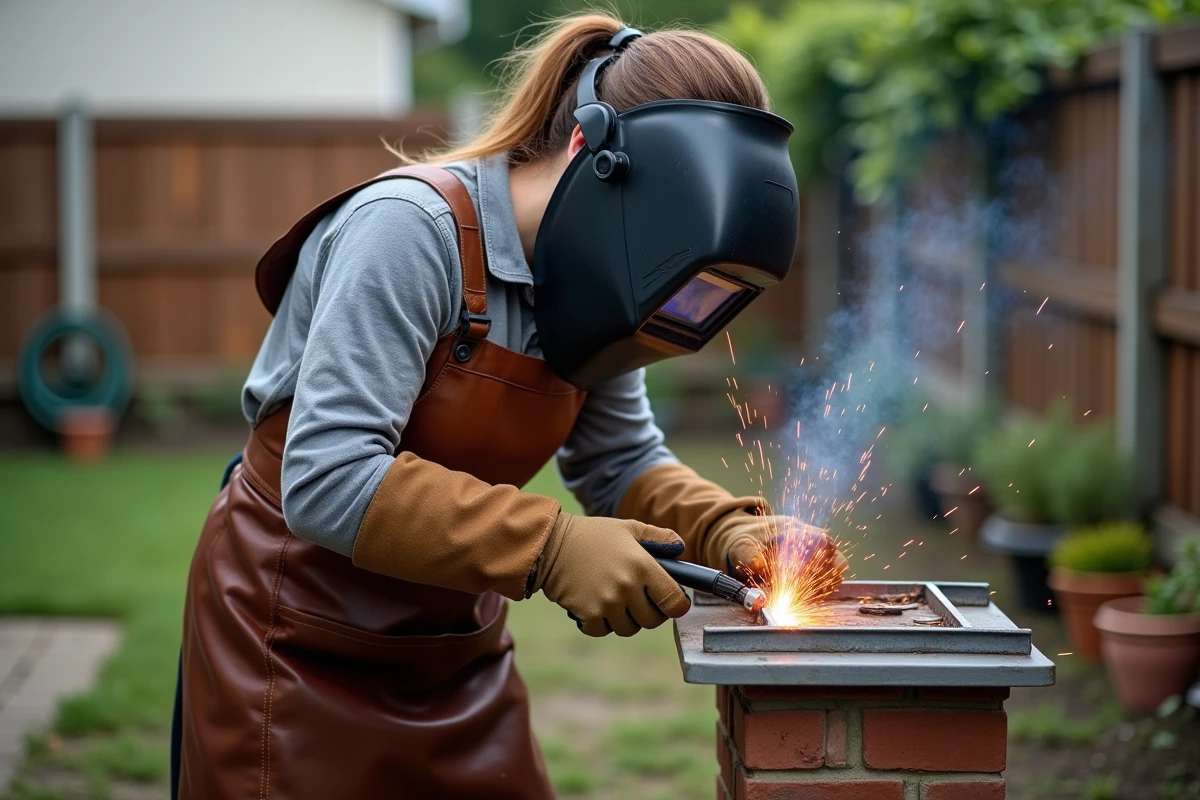 Femme soudeuse en tablier de protection réalisant un cordon de soudure MMA à l'arc dans un jardin résidentiel avec étincelles