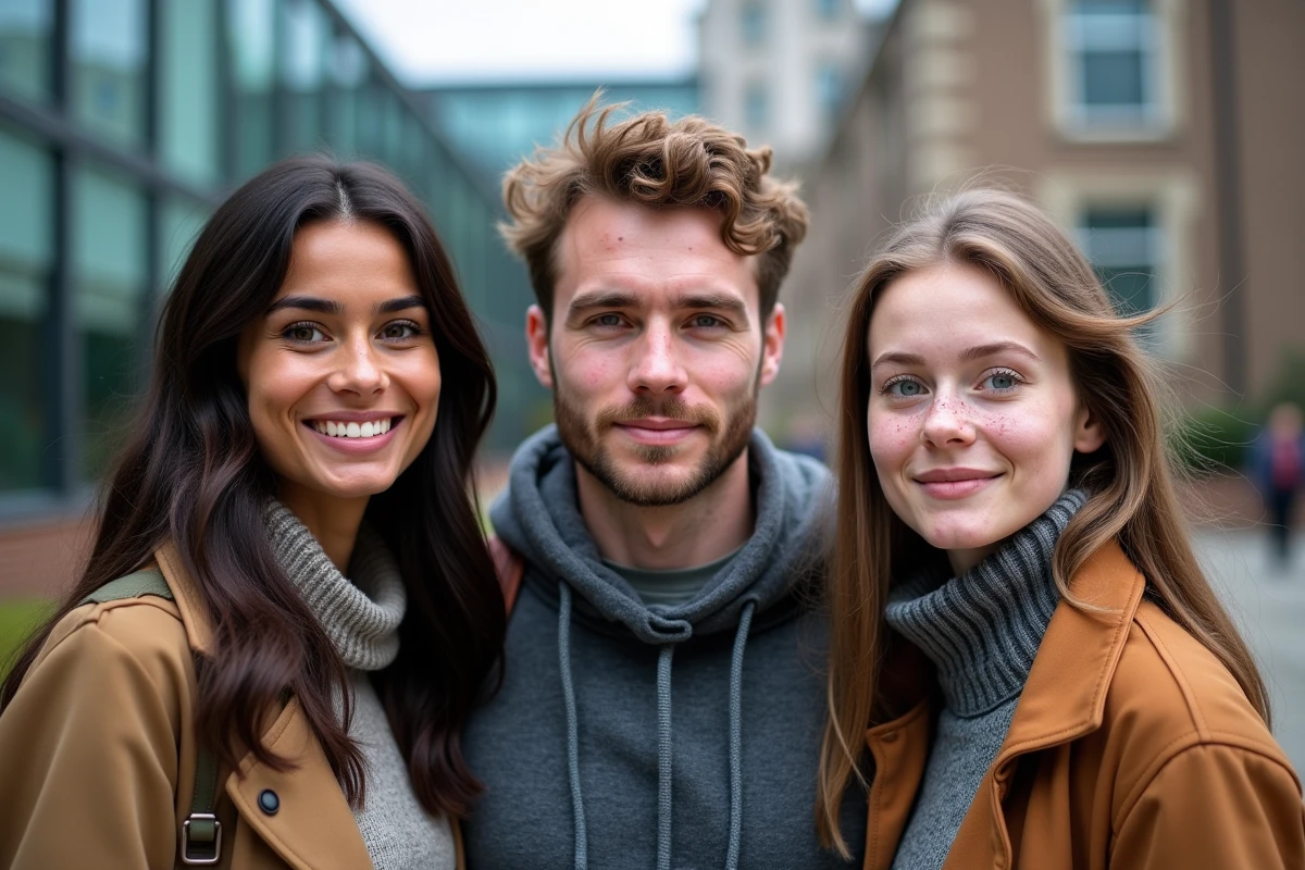 Groupe de trois adultes aux couleurs d'yeux différentes — bleus, verts et bruns — illustrant la diversité génétique et la répartition mondiale des pigmentations oculaires