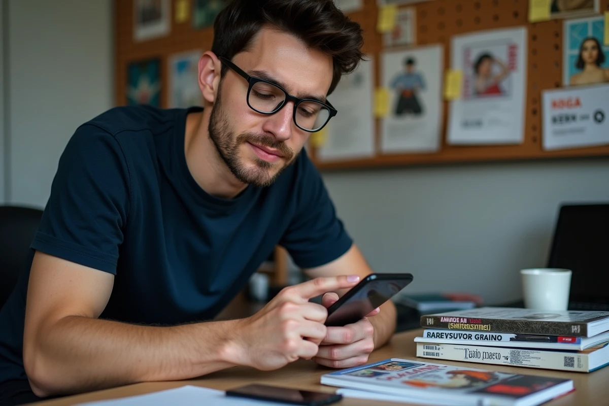 Homme consultant une application de suivi de manga VF sur smartphone à son bureau encombré de volumes