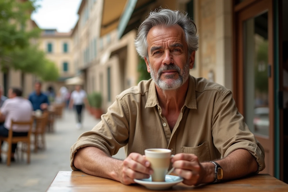 Homme aux traits méditerranéens savourant un café dans un village du sud de la France, évoquant les racines culturelles et régionales