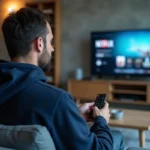 Homme parcourant les offres d'abonnement Canal Plus sur sa télévision dans un salon moderne