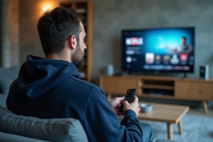 Homme parcourant les offres d'abonnement Canal Plus sur sa télévision dans un salon moderne