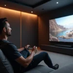 Homme installé dans un home cinéma moderne regardant un grand écran OLED monté au mur, ambiance salle de projection privée