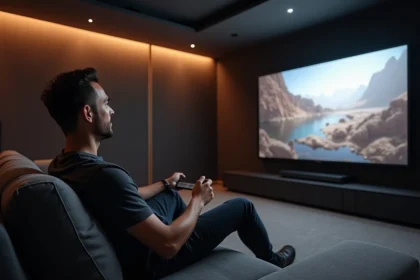 Homme installé dans un home cinéma moderne regardant un grand écran OLED monté au mur, ambiance salle de projection privée