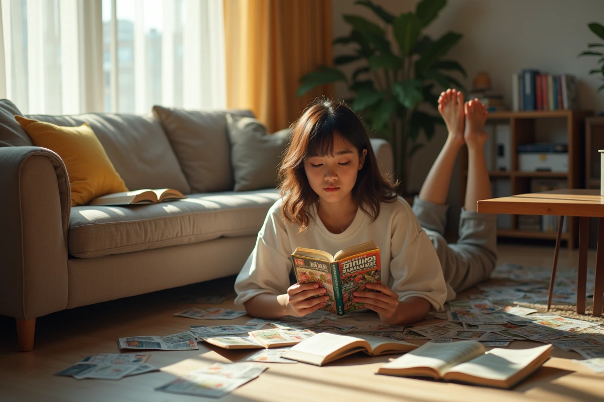 Jeune femme lisant un volume de manga One Piece avec passion, entourée de chapitres épars sur le sol de son appartement