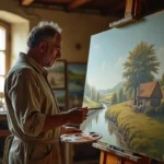 Peintre réaliste du XIXe siècle travaillant dans son atelier devant une grande toile représentant un paysage rural