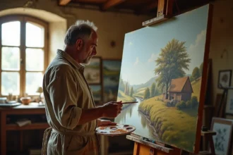 Peintre réaliste du XIXe siècle travaillant dans son atelier devant une grande toile représentant un paysage rural