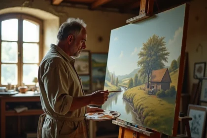 Peintre réaliste du XIXe siècle travaillant dans son atelier devant une grande toile représentant un paysage rural