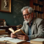 Philosophe dans une bibliothèque universitaire lisant un ouvrage classique entouré de livres de philosophie anciens