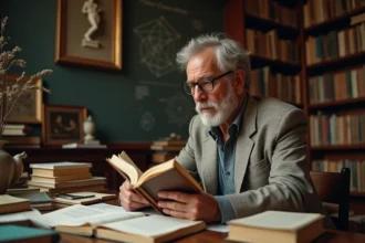Philosophe dans une bibliothèque universitaire lisant un ouvrage classique entouré de livres de philosophie anciens