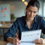 Femme en entreprise consultant un planning d'astreinte avec semaines paires et impaires marquées sur un calendrier 2026