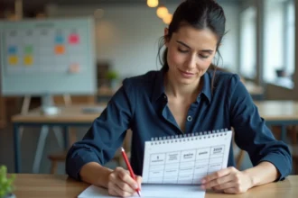Femme en entreprise consultant un planning d'astreinte avec semaines paires et impaires marquées sur un calendrier 2026