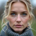 Portrait en gros plan d'une femme aux yeux bleus en Europe du Nord, illustrant la fréquence des yeux bleus dans les populations nordiques