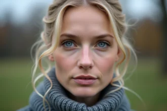 Portrait en gros plan d'une femme aux yeux bleus en Europe du Nord, illustrant la fréquence des yeux bleus dans les populations nordiques