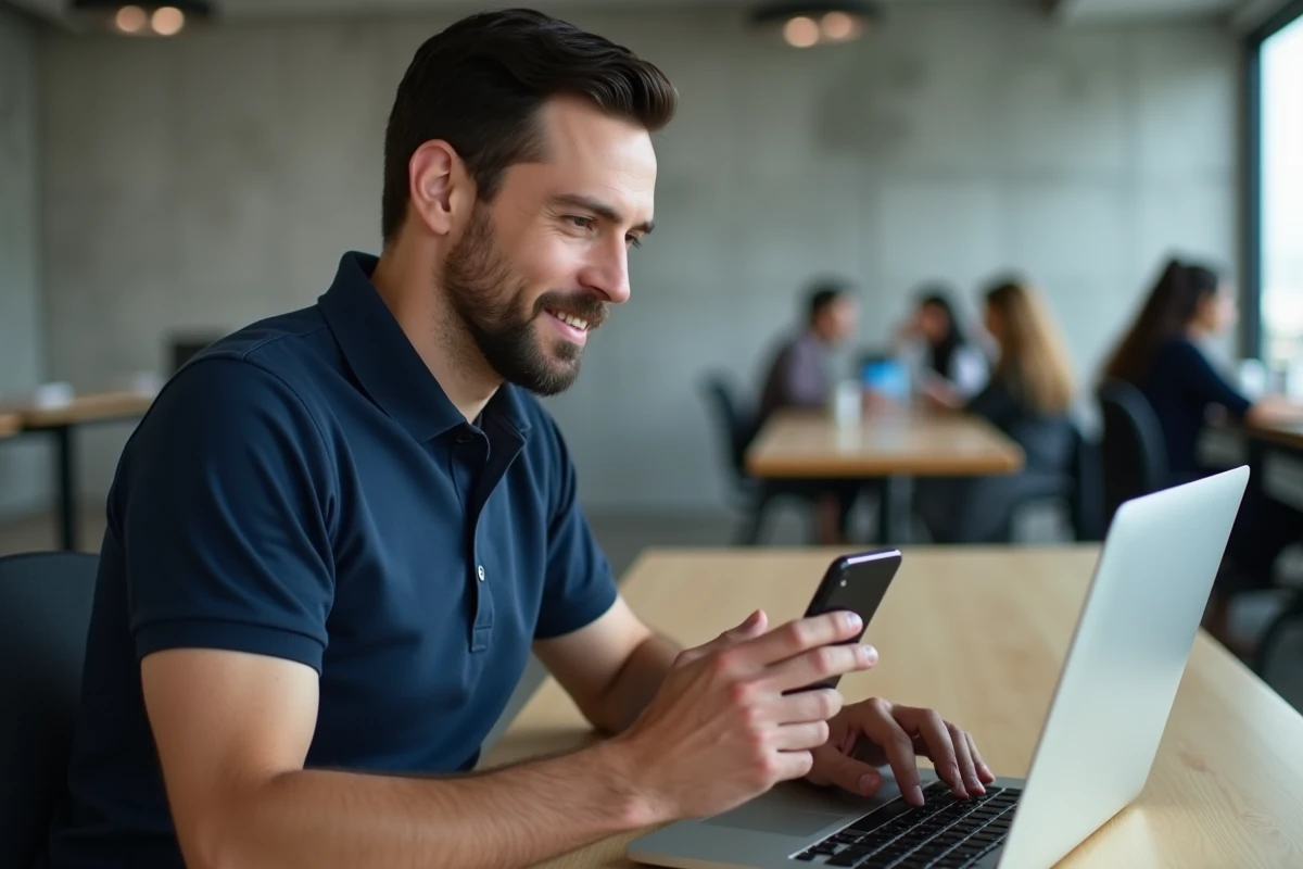 Homme consultant le service client Sosh sur son téléphone dans un espace de coworking
