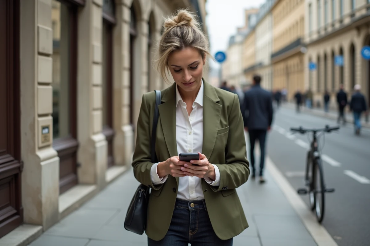 Femme consultant les démarches du service client Sosh par téléphone dans la rue