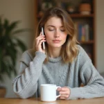 Jeune femme appelant le service client Sosh depuis chez elle avec son smartphone