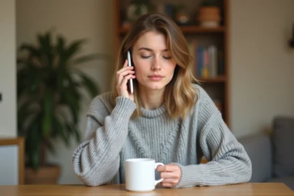 Jeune femme appelant le service client Sosh depuis chez elle avec son smartphone
