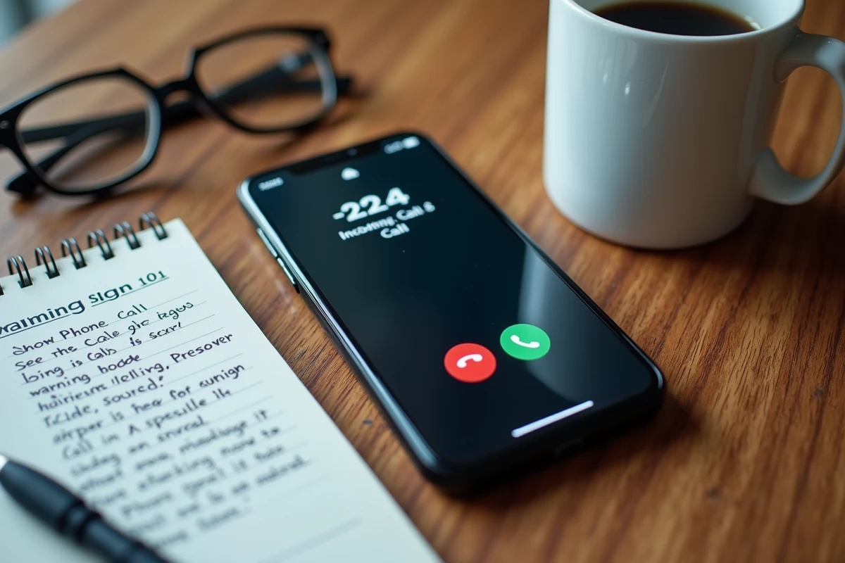 Gros plan d'un smartphone affichant un appel entrant avec l'indicatif international +234 posé sur une table en bois avec des notes sur les arnaques téléphoniques