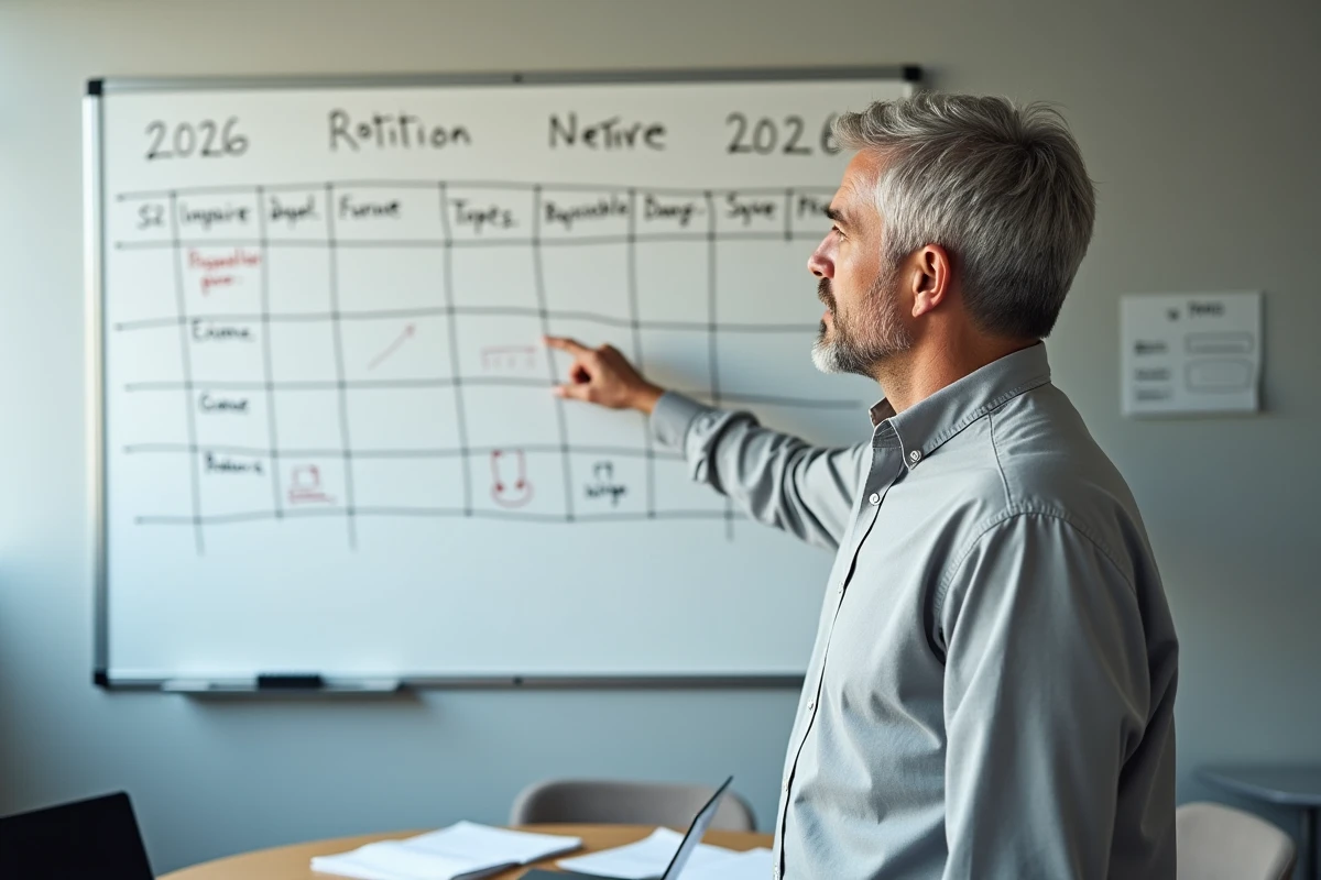 Manager pointant un tableau de planning d'astreinte rotatif semaines paires impaires affiché dans une salle de réunion