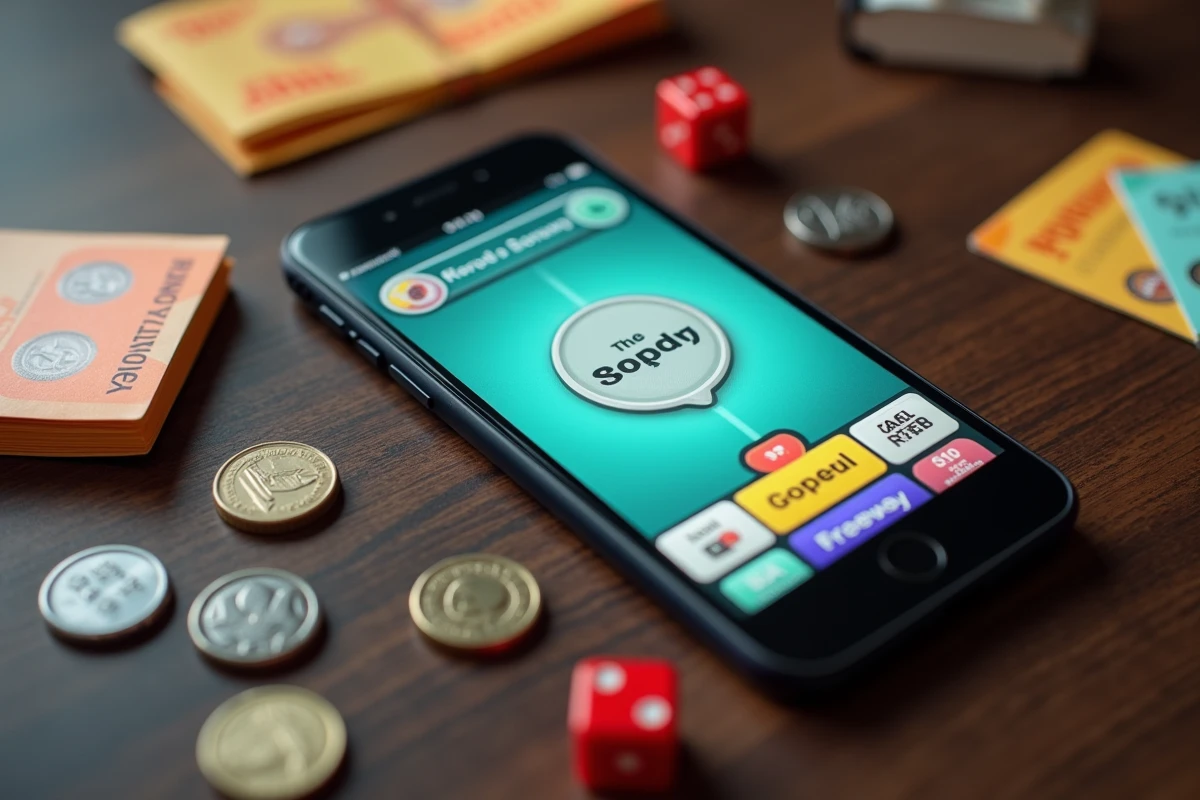Vue de dessus d'un smartphone affichant Monopoly Go entouré de dés, jetons et billets de jeu de société