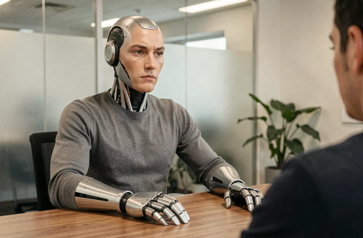 Androïde humanoïde assis face à un humain dans un bureau minimaliste illustrant l'interaction homme-machine