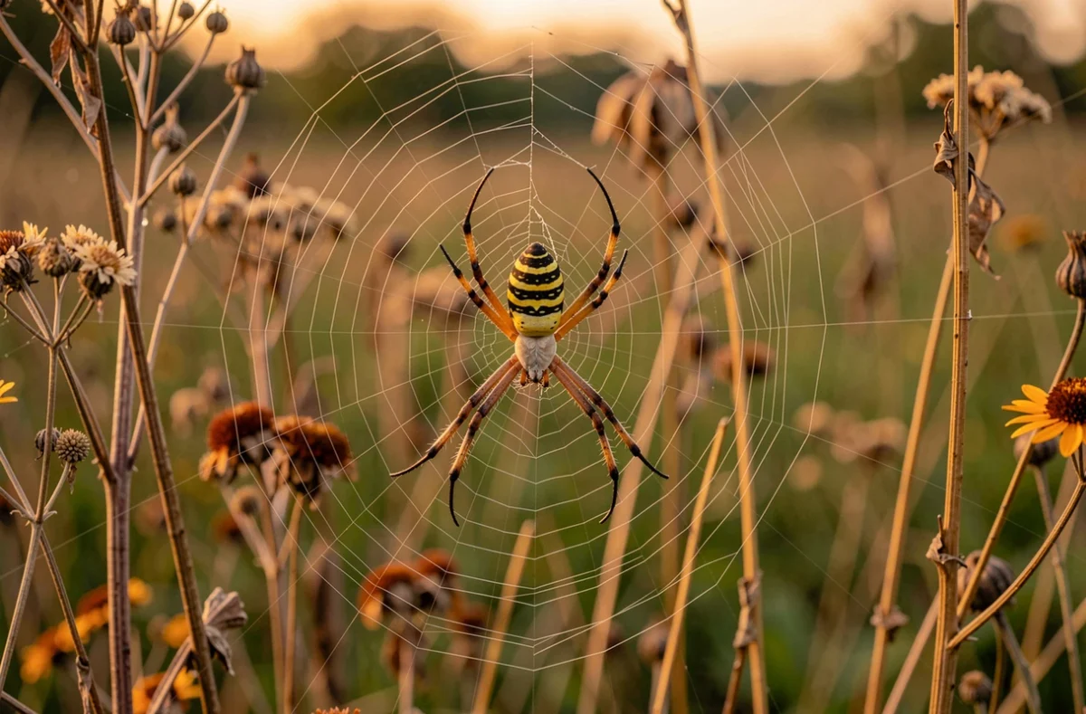 Araignée Argiope bruennichi accrochée à sa toile dans une prairie sauvage au crépuscule, symbole naturel du soir
