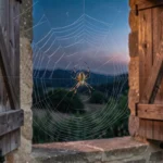 Araignée du soir tissant sa toile sur un volet en bois d'une ferme en pierre, symbole de croyances populaires
