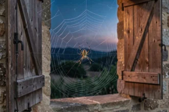 Araignée du soir tissant sa toile sur un volet en bois d'une ferme en pierre, symbole de croyances populaires