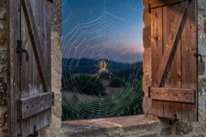 Araignée du soir tissant sa toile sur un volet en bois d'une ferme en pierre, symbole de croyances populaires